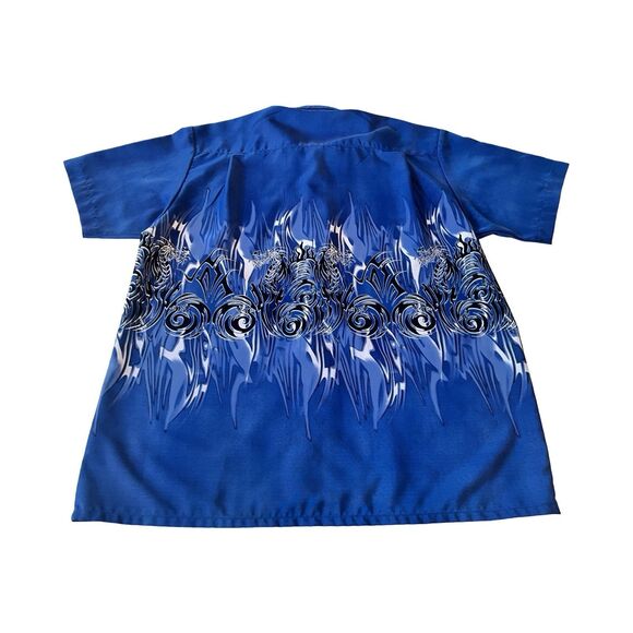 Vintage 90s Emergency Exit Men’s Medium Blue Tribal Dragon Button Up Shirt - Picture 3 of 3